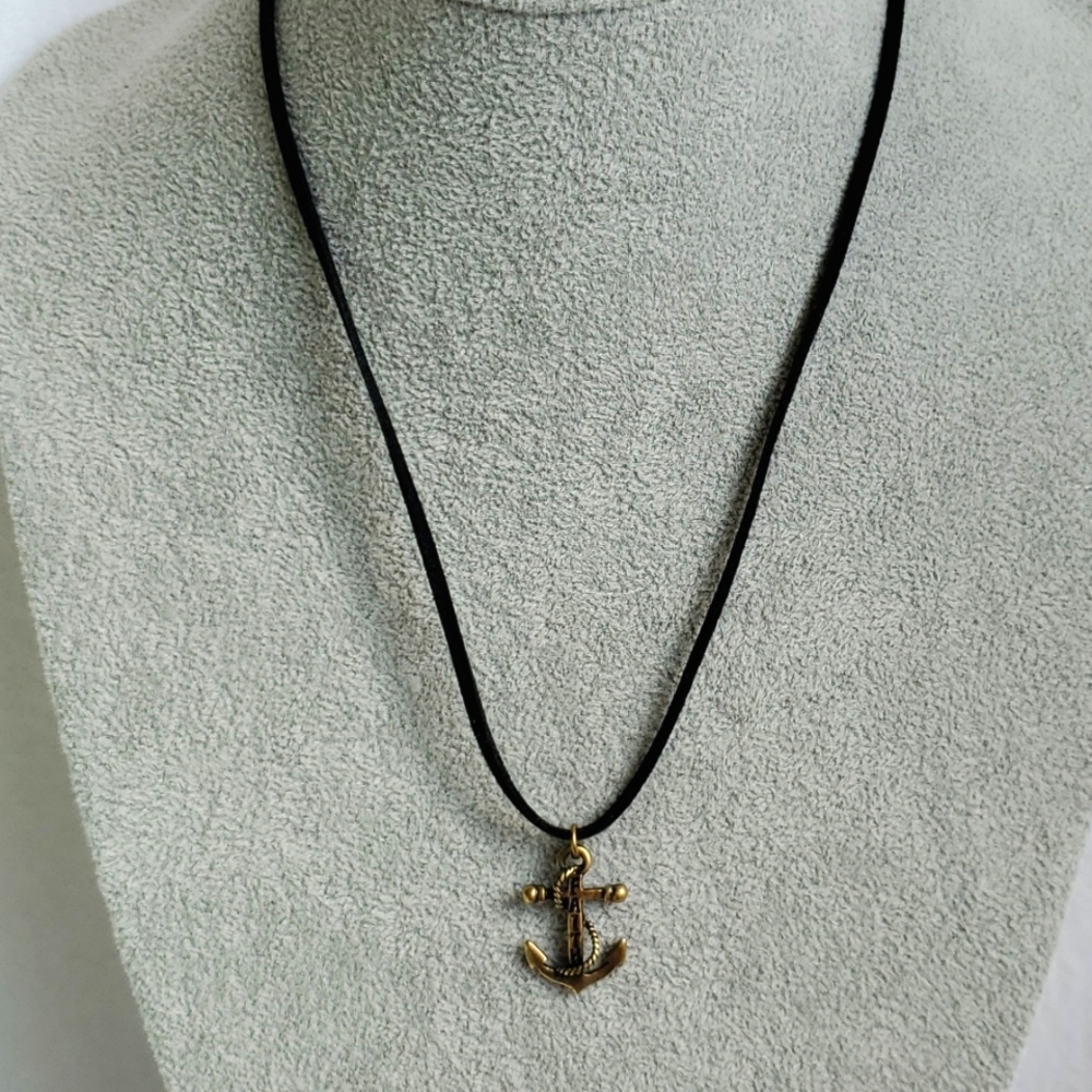 Mens Faith brass anchor charm black suede necklace - Picture 1 of 4